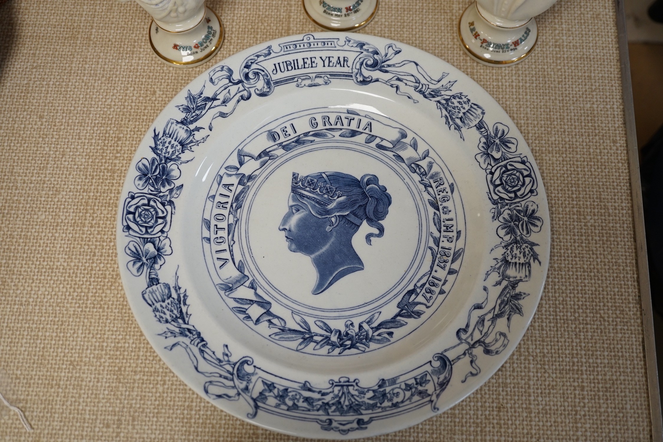 Royal Commemorative ceramics - Royal Worcester Queen Victoria Golden Jubilee plate, three Arcadian busts of George VI, Mary and Prince of Wales etc.